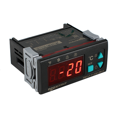 TRT-F-Y-230-N-2 INNOCONT, Температурный контроллер для управления охлаждением/размораживанием, 4 разряда, 77х35х61 мм, NTC, выходы реле на компрессор и охладитель, ON/OFF, 230VAC, комплектный фиксатор