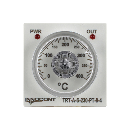 TRT-A-S-230-PT-8-4 INNOCONT, Температурный контроллер с аналоговым управлением, 48х48х82 мм,вход Pt100, 0...400C, выход реле, ON/OFF, 230VAC, электросоединение под розетку 8pin