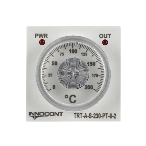 TRT-A-S-230-PT-8-2 INNOCONT, Температурный контроллер с аналоговым управлением, 48х48х82 мм,вход Pt100, 0...200C, выход реле, ON/OFF, 230VAC, электросоединение под розетку 8pin