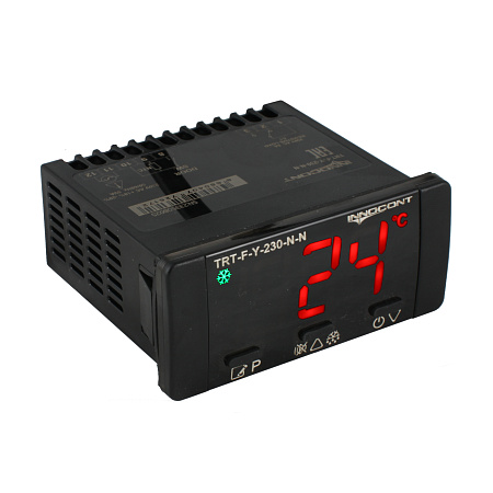 TRT-F-Y-230-2N-3N INNOCONT, Температурный контроллер для управления охлаждением/размораживанием, 4 разряда, 77х35х61 мм, 2xNTC, выходы реле на компрессор, охладитель и испаритель, ON/OFF, 230VAC, встроенный фиксатор